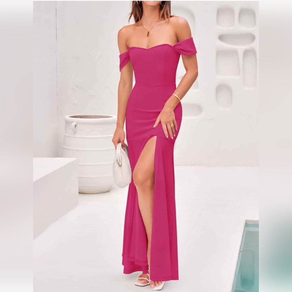 Barbie PINK L Off Shoulder Prom Maxi Dress, Bridesmaid, Zesica Formal *defect*